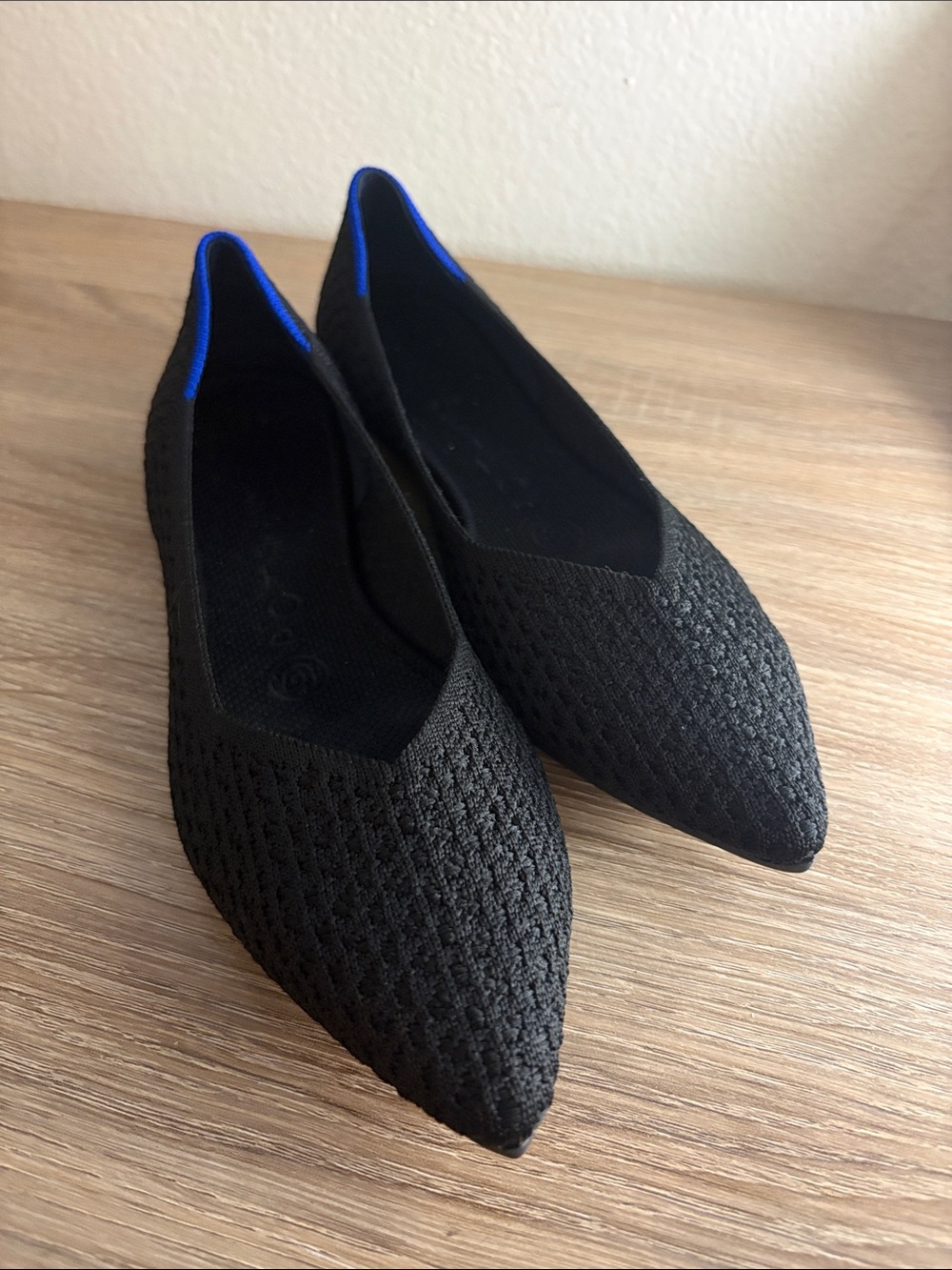 Rothy's Black Knit Pointed-Toe Flats with Blue Trim